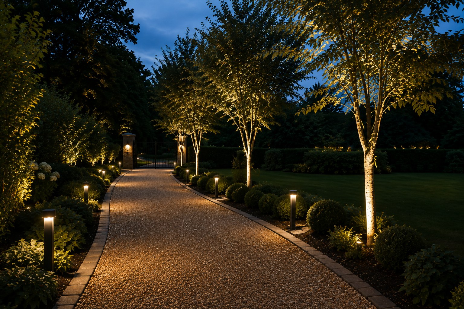 Low-level bollard lighting along a gravel driveway with tree uplighting in a West Sussex garden