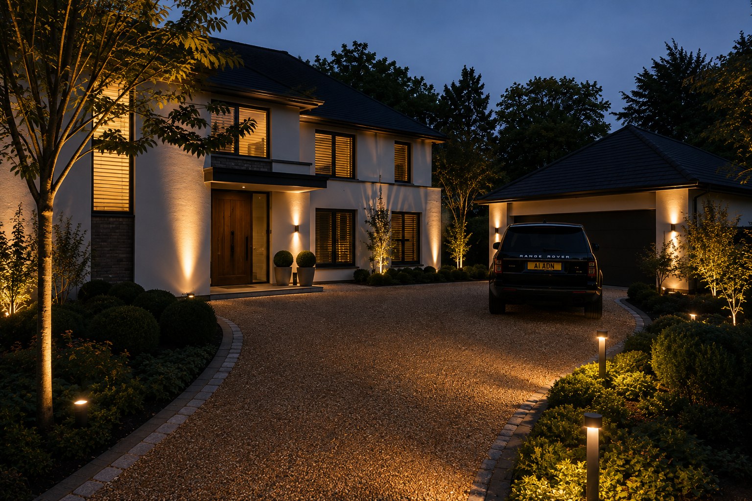 Garden and driveway lighting installation at a large detached West Sussex home at dusk
