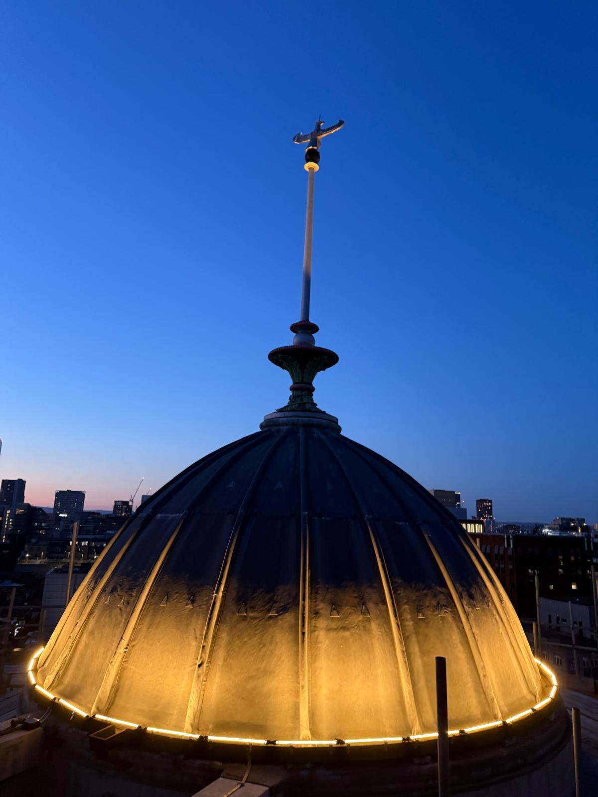 A&D Electrical Sunlight House lighting project — rooftop dome perimeter LED lighting at dusk