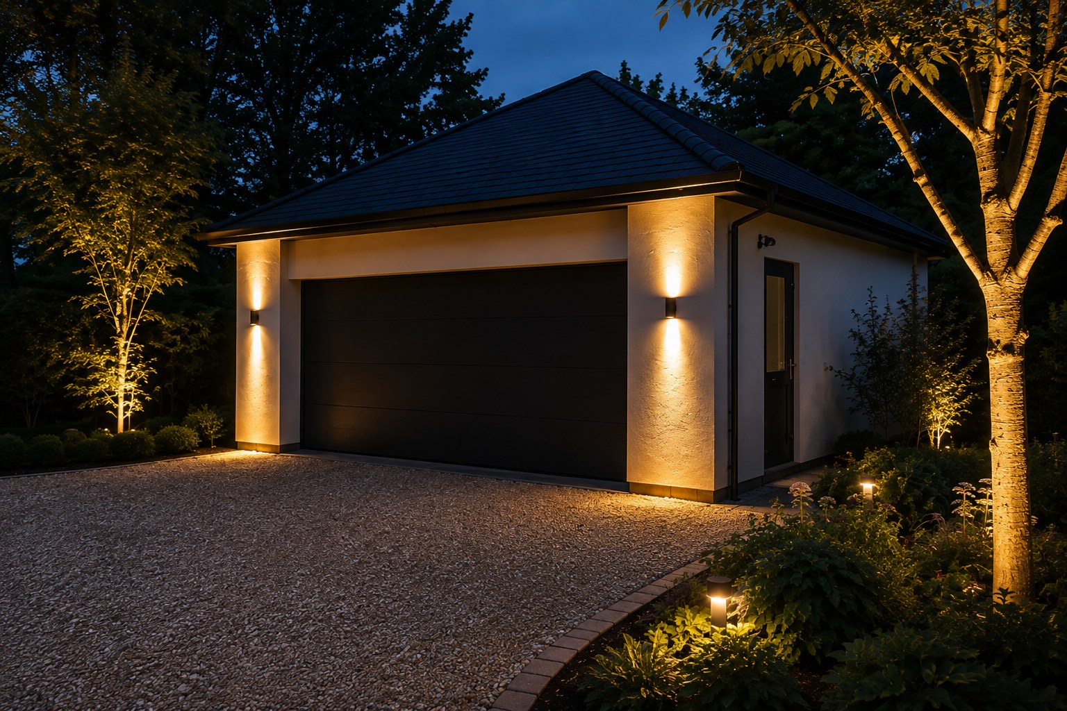 Detached garage with wall-mounted up-and-down lighting and a new external electrical supply, West Sussex
