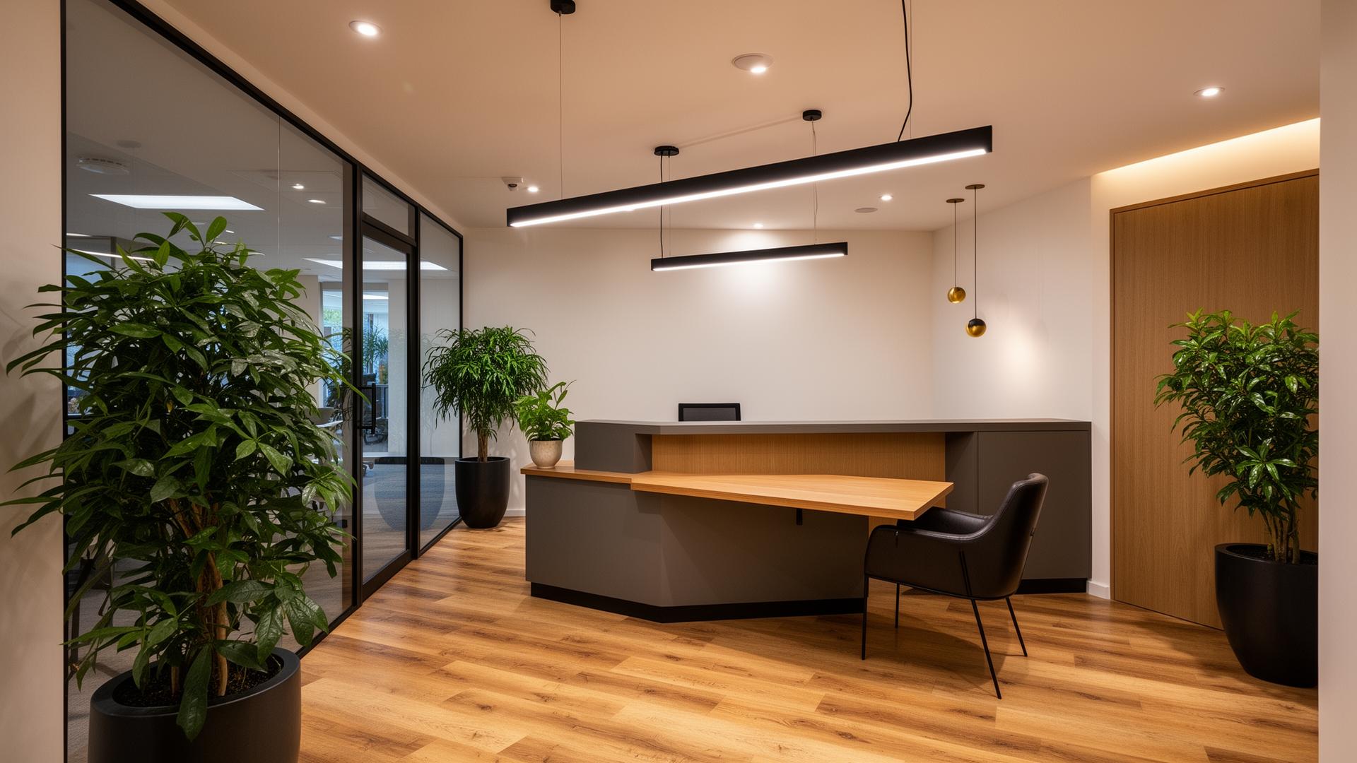 Modern commercial office interior with LED lighting installed by A&D Electrical