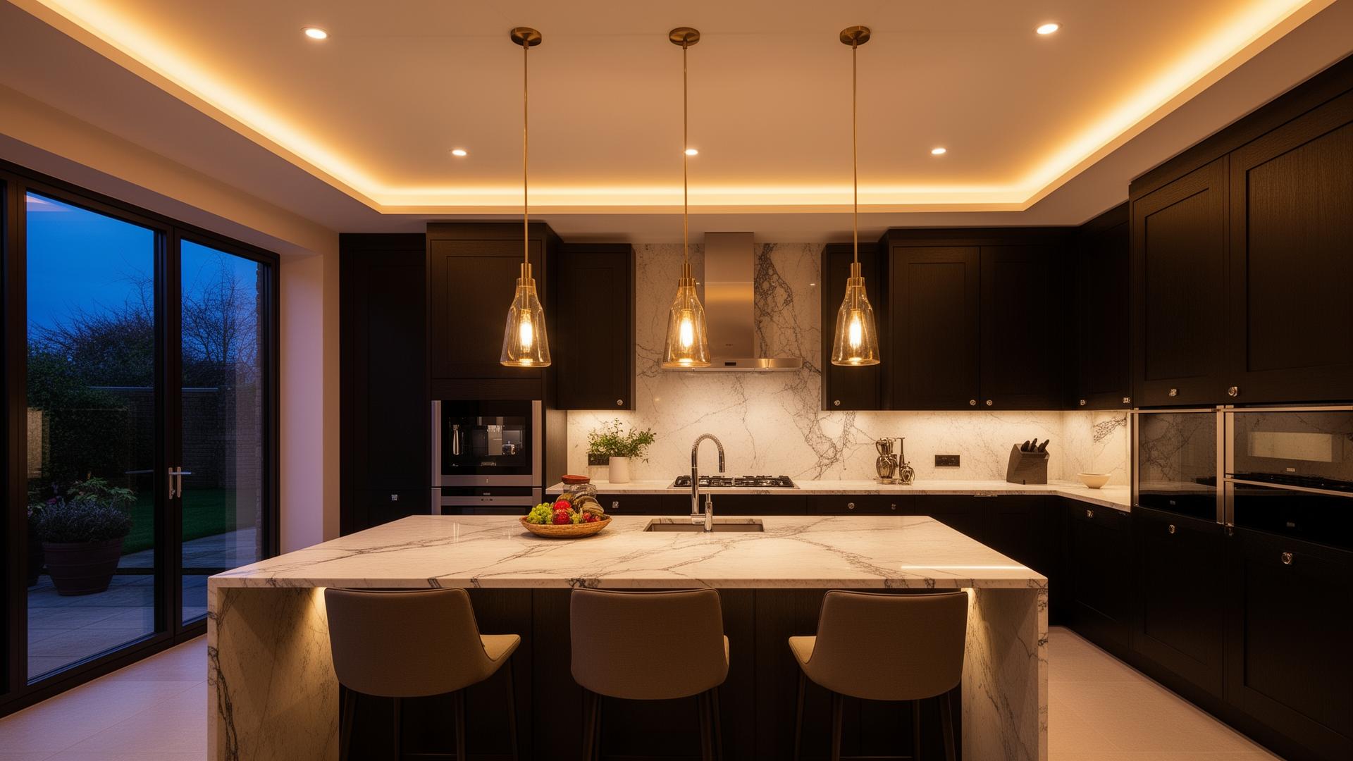 Kitchen with recessed LED lighting installed by A&D Electrical